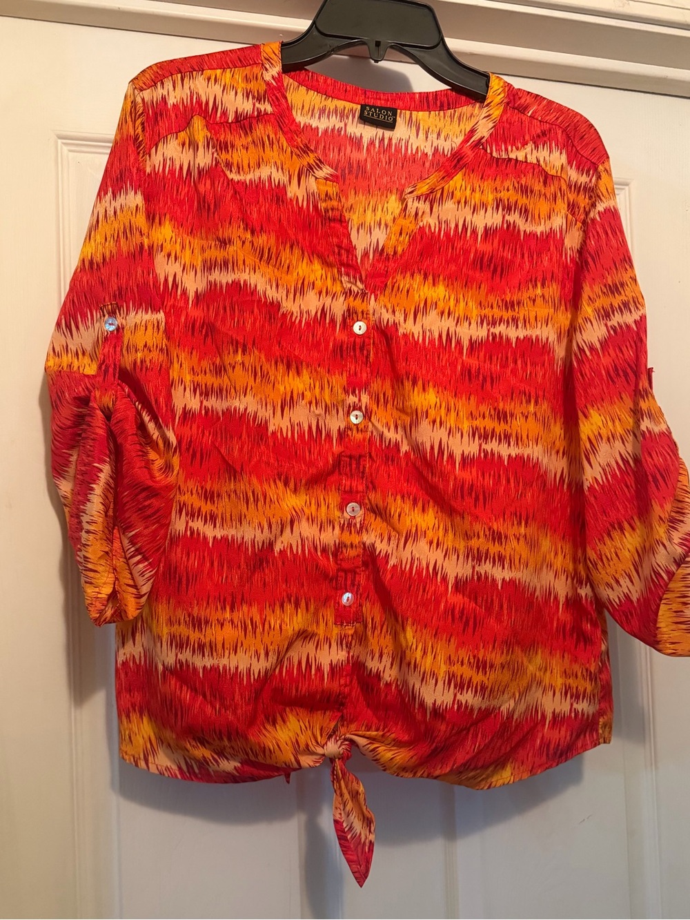 Vibrant Red & Yellow Tie-Hem Button Down Blouse by Salon Studio